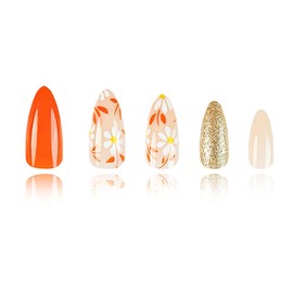 RUOKEXIN Almond Press on Nails Medium Fake Nails Orange False Nails with Flower Designs Glue on Nails Glitter Artificial Nails Full Cover Glue on Nails Cute Stick on Nails for Women 24Pcs