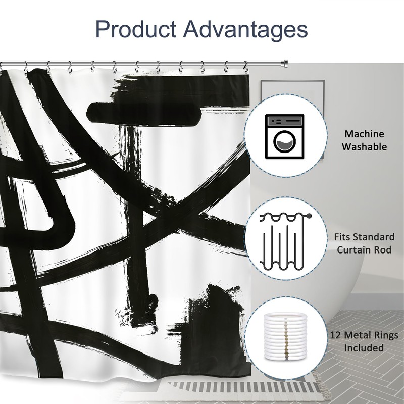 Kalmico Black White Abstract Shower Curtain 60Wx72L Inch Modern Line