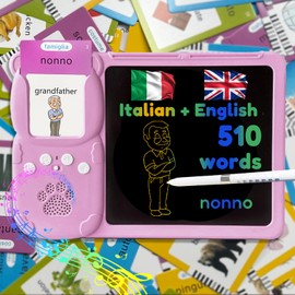 MoLingvora Drawing Tablet with Bilingual Flashcards for Kids - Italian English Talking Flash Cards, LCD Writing Pad Board, Pocket Speech for Toddlers, Learning Toy Gift for Boys Girls (Italian, Pink)