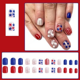 24 Pcs 4th of July Press On Nails Short Square Independence Day Fake Nails Press ons MINGCHUN Nail Art Tips Acrylic Nail Kit Glue on Nails Full Cover False Nails Red Blue Pink Glitter Design for Women