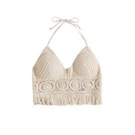 GORGLITTER Bikini Cover Up Top Women's Cover Up Beach Top Knitted Crochet Crop Top Beach Poncho Summer Halterneck Tankini Top, Lace Apricot, M