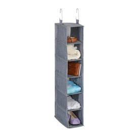 Relaxdays Wardrobe Hanging Shelf, 6 Compartments, Fabric, 92 x 15.5 x 30 cm, 2 Hooks, Wardrobe Storage Hanging, Grey