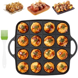 Fizocosisto 16-Hole Nonstick Takoyaki Pan - Lightweight Cast Aluminum Octopus Ball Maker with Oil Brush, Portable Pancake Ball Grill for Gas Stoves & Camping, Ideal for Aebleskiver & Dessert Meatballs