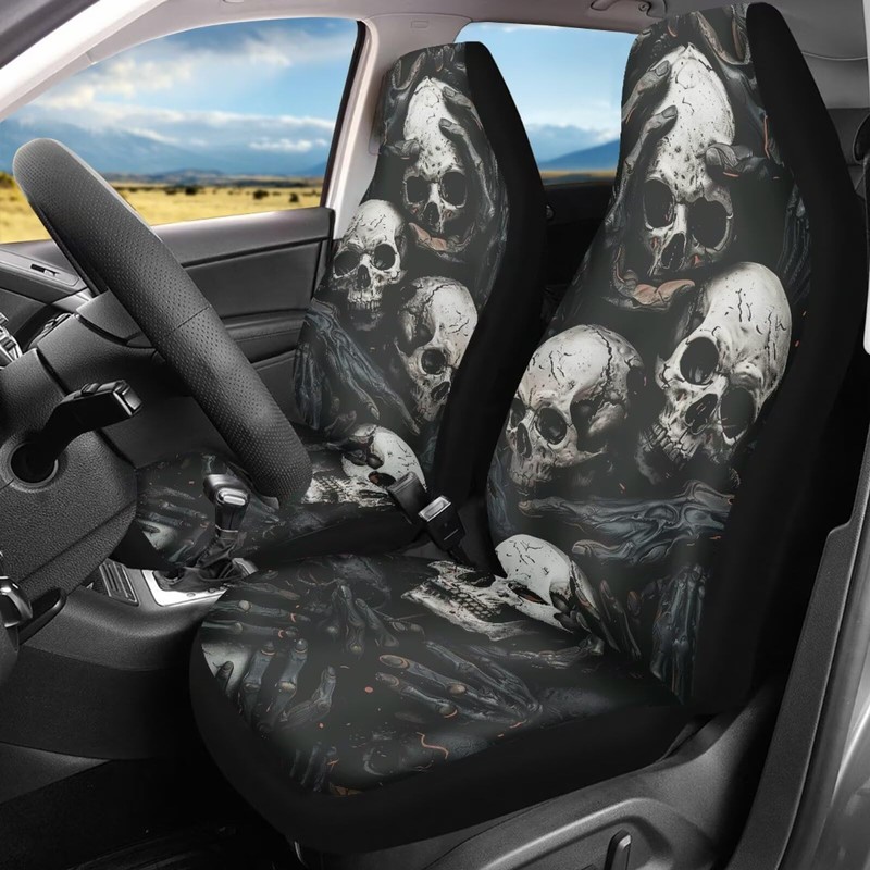Rucaresri Horror Skeleton Print Car Front Seat Covers, Breathable Easy