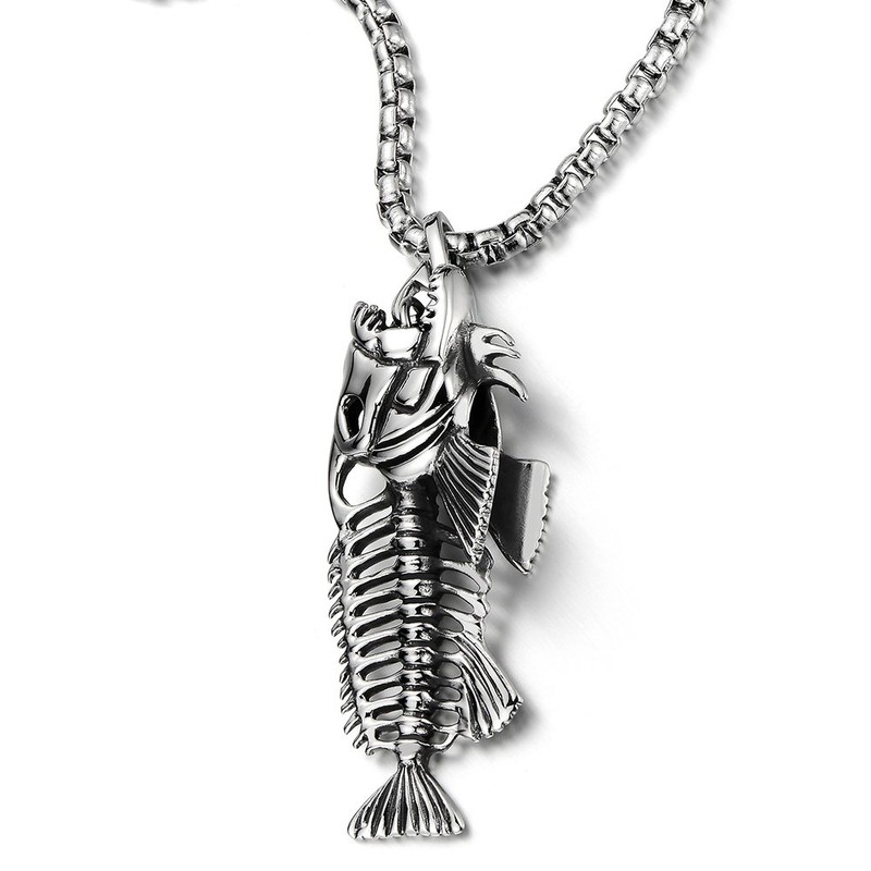 COOLSTEELANDBEYOND Extra Large Mens Fish Skeleton Bone Pendant Necklace Steel