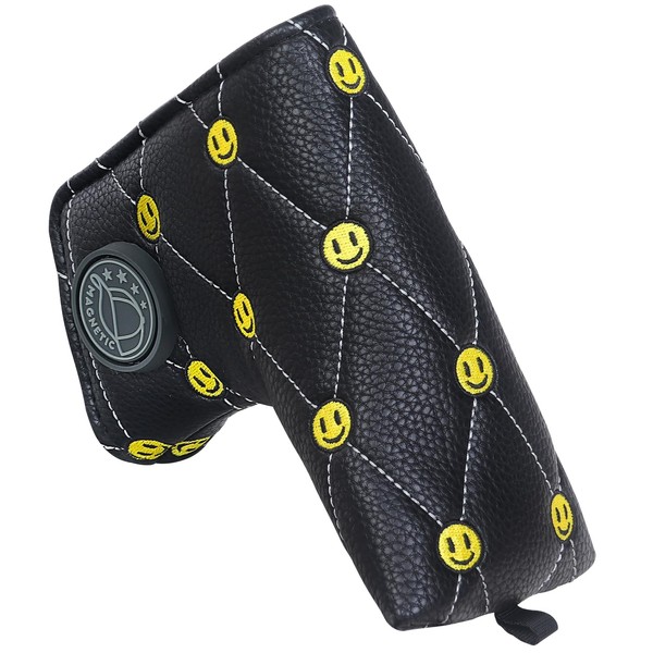 Golf Blade Putter Club Head Cover Pingtype Magnetic Black PU Leather Yellow Smile Embroidery