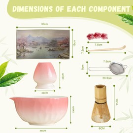 Variegata Matcha Whisk Set 7-Piece Ceramic Matcha Bowl & Bamboo Whisk Kit with Scoop, Sifter, Tea Towel & Stand - Home Brewing Essential for Matcha Tea Lovers & Gifts (Kiln Change Pink)
