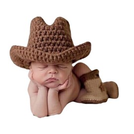 Vedory Newborn Boys Girls Baby Photo Shoot Props Outfits Crochet Clothes cowboy hat with Shoe Photography Props Costume (Light Brown)