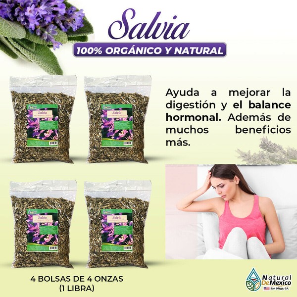 Natural de Mexico USA Salvia Sage Leaf Salbia digestion y balance hormonal 1 Libra (4 de 4 oz)-453g.