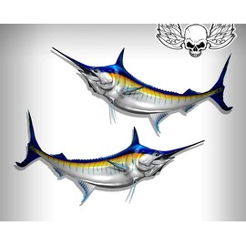 Blue Marlin Fish Laminated Fishing Decals Perfect for Boat RV or Any Smooth Surface Mirrored 2 Pack F001 (30" Long Each Fish)