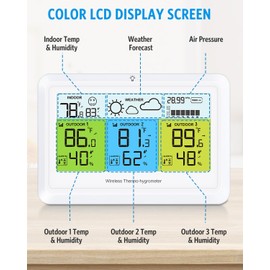 Brifit Digital Thermo-Hygrometer with 3 Sensors, Wireless Weather Station with Temperature, Humidity & Air pressure, Indoor Outdoor Thermometer with Weather forecast, Temperature Alert, MAX/MIN Record
