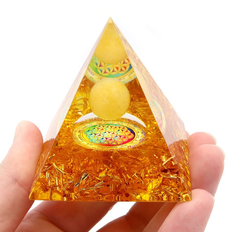 Gold Stone Orgonite Pyramid Figurine, Natural Stone, Power Stone, Purification,