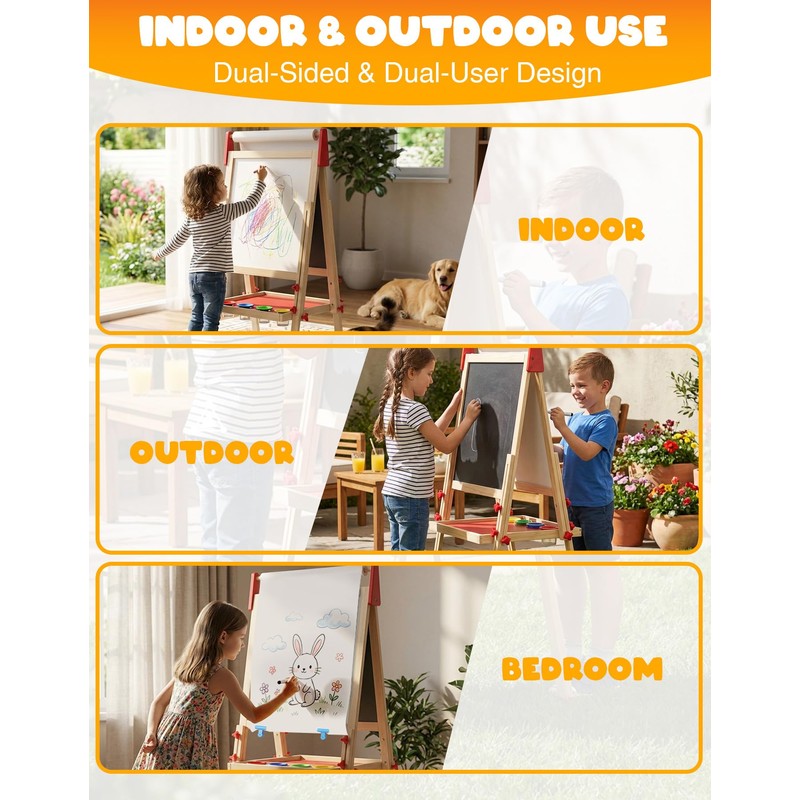 Kids Art Easel, Adjustable Wood Chalkboard, Easels for Toddlers