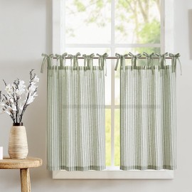 TOPICK Green Striped Linen Blend Kitchen Curtains for Living Room Bathroom Cupboard Bedroom 36 Inch Drop Pinstripe Cafe Small Window Curtains Light Filtering Tie Top 2 Panels
