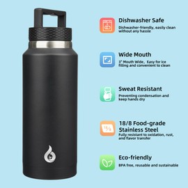 BJPKPK Insulated Water Bottles, Dishwasher Safe 36 oz Water Bottle with Handle, Leakproof BPA Free Thermal Flasks, Stainless Steel Jug for Sports, Black