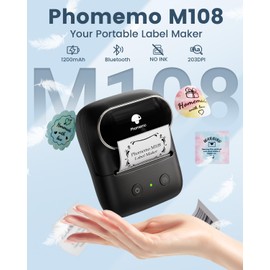 Phomemo Bluetooth Label Maker, Inkless Thermal Label Maker Machine with 400+ Ready-to-use Templates, M108 Label Printer Perfect for Kitchen Jars, Price Tags, File Labels & More