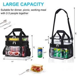 Jeluno Clear Lunch Bag - Large Clear Lunch Bag for Work Double-Deck Reusable Lunch Bag with Adjustable Strap, Front Pocket and Top Compartment for Picnic, Beach, Work, School（2-3 People Use）