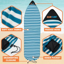 SUN CUBE Surfboard Sock Cover, Protective Surf Bag for Surfing Board, Light Stretchy Surfbag Sleeve for Shortboard, Hybrid (6'0'', Blue White)