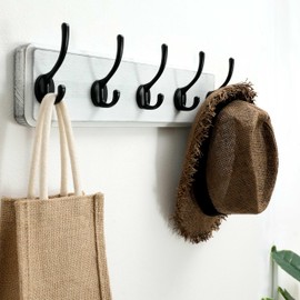 SKOLOO Rustic Wall Mounted Coat Rack, Pine Solid Wood Coat Hook Hanger - 5 Hooks for Hanging Clothes Robes Towels Coats