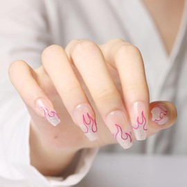 28Pcs Press on Nails Medium, Fake Nails with Designs, Light Weight & Fit Perfectly, Medium Natural, 14 Sizes,Flame