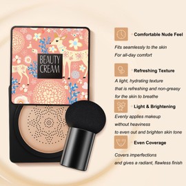 2PCS Mushroom Head Air Cushion Foundation CC Cream Water Feeling Flawless BB Cream Long-Lasting Moisturizing Oil Control, Lightweight & Smoothing Natural Concealer Makeup Gifts for Girl (Natural)