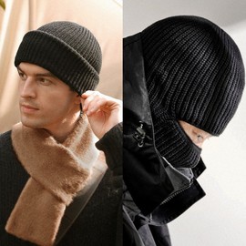 Men's Autumn Winter Black Knit Pullover Balaclava Hat lf1133 One Size/L (58-60cm) Khaki 3ea