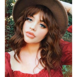JOLNVCA Brown Short Wavy Bob Wigs with Bangs for Women Girls Shoulder Length Colored Heat Resistant Synthetic Daily Party Cosplay Wig 14 Inch T27-30