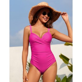 Hilor Women's Underwire One Piece Swimsuits Criss Cross Push Up Bathing Suit Retro Ruched Tummy Control Swimwear, Hot Pink, 10