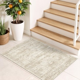 Restydon 2x3 Washable Rug Runner for Bathroom, Soft Entryway Rug for Laundry Room, Kitchen, Vintage Abstract Hallway Runner for Bedroom, Anti-Slip Door Mat Indoor Entrance(2'x3', Beige/Ivory)