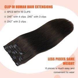 XDhair Clip-In Real Hair Extensions, 40 cm, 100 g, 6 Pieces, Natural Black Real Hair Extensions Clip, Remy, Clip-In Hair Extensions Real Hair Extensions (#1B-16 Inches)
