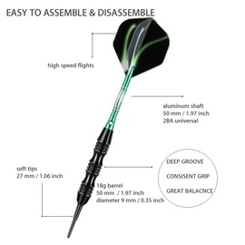 sanfeng Professional Soft Tip Darts Set 20 Grams W/ 50 O-Rings- 30 Darts Plastic Tip + Green Aluminum Shafts + 6 Standard Flights + Portable Case for Electronic Dart Board