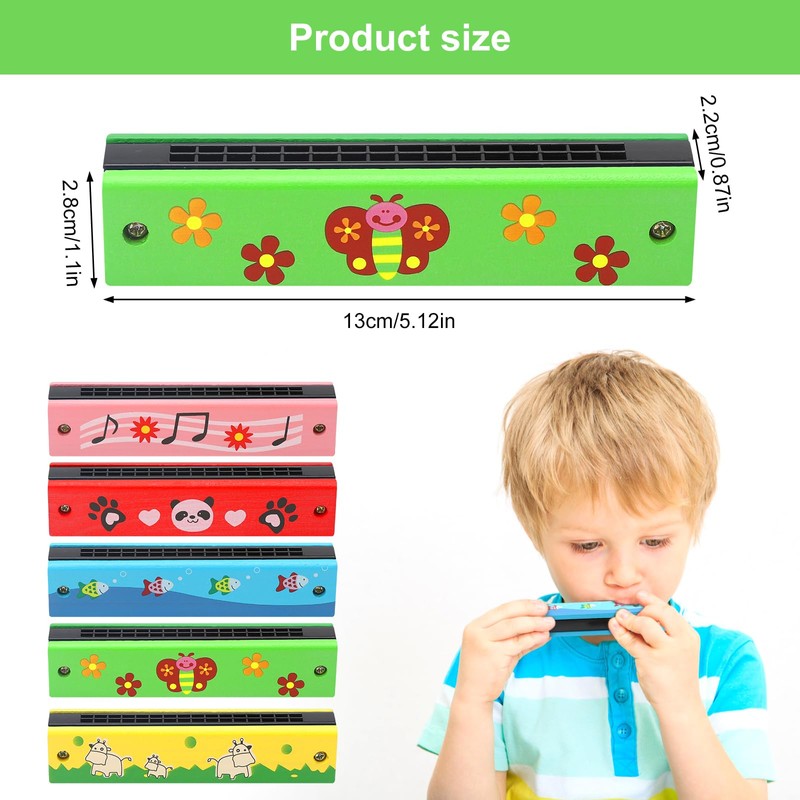ZMDMAH 5 x Children's Harmonica, 16-Hole Harmonica, Wooden Harmonica, Harmonica