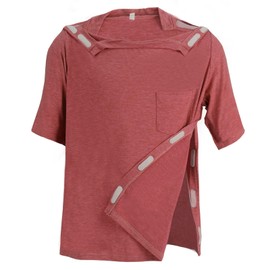 Unisex Post Shoulder Surgery Shirts Recovery Tear Away Short Sleeve Chemo Clothing with Stick On Fasteners, Convenient (US, Alpha, 3X-Large, Regular, Regular, Jujube Red)