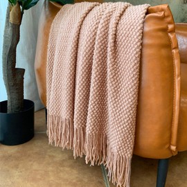 LOMAO Knitted Throw Blanket with Tassels Bubble Textured Lightweight Throws for Couch Cover Home Decor (Black, 50x60)