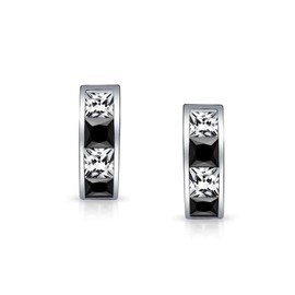 Small Square Princess Cut Black White CZ Channel Set Huggie Hoop Earrings For Women Men Cubic Zirconia .925 Sterling Silver