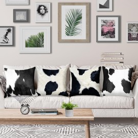 LOHDALOLF Cowhide Print Cushion Covers 45x45 cm Set of 4 Animal Print Cushion Cases Black and White Decorative Pillow Covers for Couch Sofa