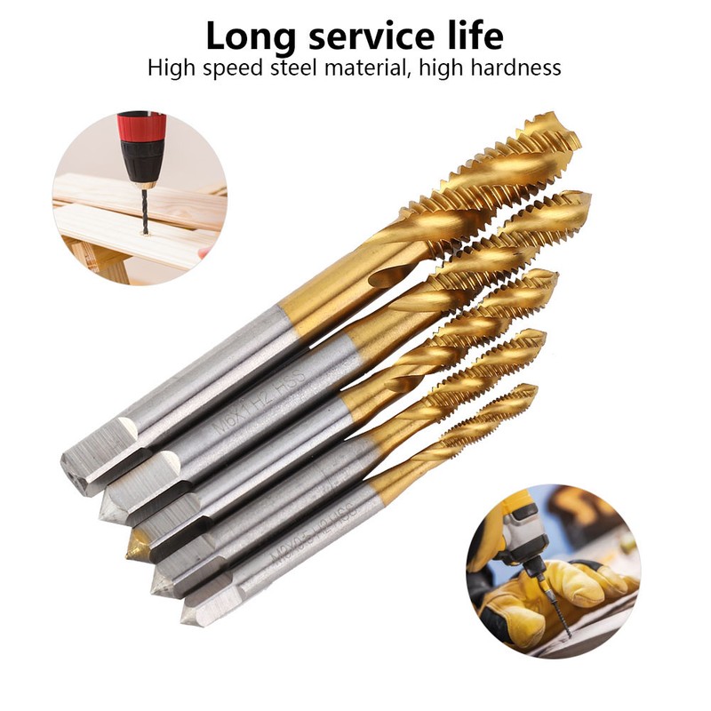 5 pcs Flute Tap Titanium Plated HSS Spiral Tapping Flute