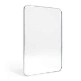 Minuover Wall Mount Mirror for Bathroom, Brushed Silver Metal Framed Rounded Corner Rectangular Vanity Mirror (24" x 36", Silver)