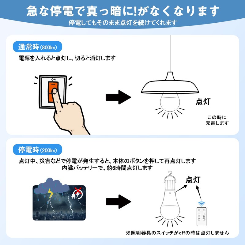 OKALUMI 防災LED電球 蓄電型LED電球 E26 8W 800lm 60W形相当 スイッチ付き USB充電式 省エネ