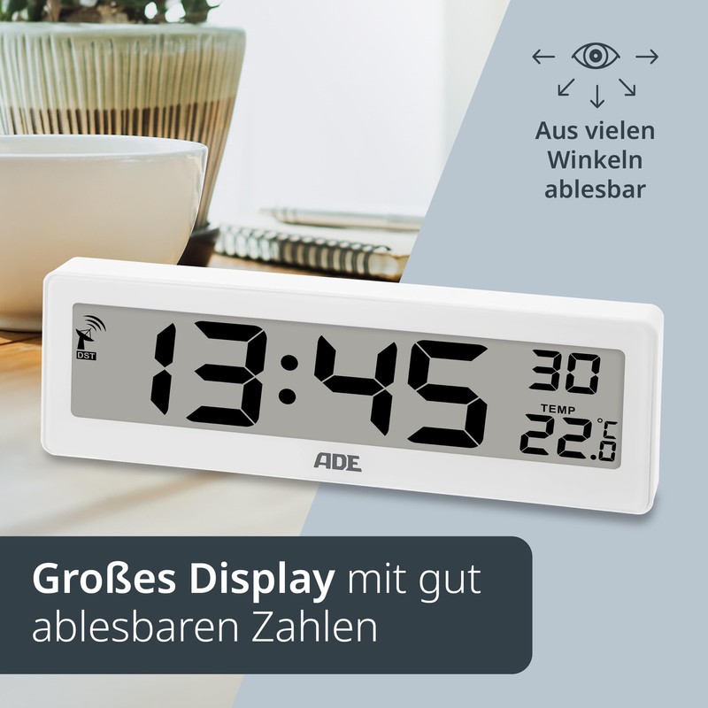 ADE Digital Radio-Controlled Clock Living Room with Temperature Display, Very