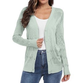 GRECERELLE Cardigan for Women Elegant Lightweight Thin Summer Cardigan with Buttons Beach Knitted Cover Up, Bean Green