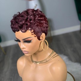 PangDongLai Pixie Cut Curly Human Hair Wigs for Black Women Short Layered Pixie Wigs With Bangs Dark 99j Color Summer Glueless Full Machine Made Short Curly Human Hair Wig