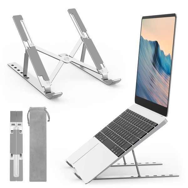 Pewesv Laptop Stand, Foldable, Computer Stand, 6 Adjustable Angles, Compact, Tablet Stand, Anti-Slip, Aluminum Alloy, Lightweight, Portable, Improves Posture, Relieves Back Pain, Back Pain, Laptops,