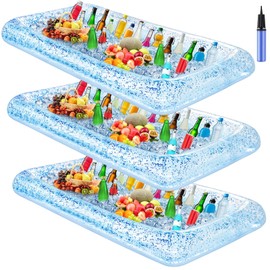 Leitee 3 Pcs Inflatable Serving Bar/Ice Buffet Serving Tray Drink Cooler with Drain Plug Inflatable Cooler for Parties Food Drink Holder Cooler Containers with a Hand Pump (Glitter Blue)