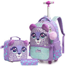 Egchescebo Kids Rolling Animal Backpack for Girls Trolley Suitcases Luggage Travel with Wheels Bookbag Wheeled 17" 3PCS Roller Backpacks Set Toddler Back Pack School Bags for Elementary Purple