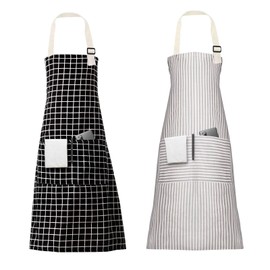Vicloon Unisex Adjustable Bib Apron, 2 Pcs Apron with 2 Pockets Cooking Kitchen Chef Aprons, Women Men Aprons for Home Kitchen, Restaurant, Coffee house (Black/White)