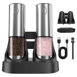 Electric Rechargeable Salt and Pepper Grinder Set - USB-C Charging Base, Large Capacity 100ml, Adjustable Coarseness, Stainless Steel Automatic (2 Pack)