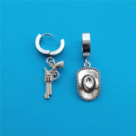 Cute 3D Cowboy Hat and Gun Charm Small Hoop Earrings, Boho Piercing Dangle Stainless Steel Ear Clip for Man Woman, Mismatched Clip on Earrings