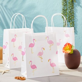 Sparkle and Bash 24-Pack Flamingo Birthday Party Favor Gift Bags with Convenient Handles, Medium Size, 8x10x4 inches for Tropical-Themed Decorations (White, Pink Gold Foil Design)