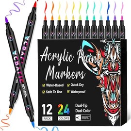 Bolígrafo Acrílico Doble Punta 24 Colores, Plumones Acrilico 1-5mm, Marcadores de Arte Resistentes al Agua, No Se Desvanece, Para Niños y Adultos, Ideal para Colorear, Dibujar y Carteles